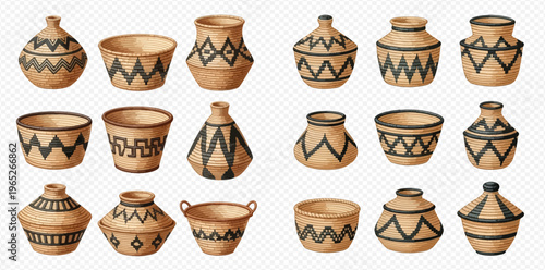 Collection of watercolor painted traditional African and Native American tribal pots, vases, and baskets with geometric patterns, isolated on a transparent background.