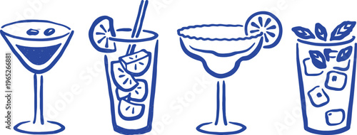 Modern Blue Line Art Cocktail Icon Set. Hand-Drawn Minimalist Drink Sketches. Whimsical Beverage Outline Symbols. Simple Blue Sketch Alcoholic Drink Set