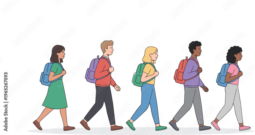 Fototapeta premium Diverse group of university and high school students walking with backpacks in casual clothes flat vector character set
