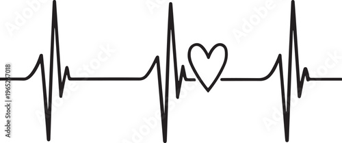 Heart in EKG Line Heartbeat - Cardiology Hand-drawn Sketch Drawing Vector Illustration, Line Linear Symbol Black and White Engraving, Isolated