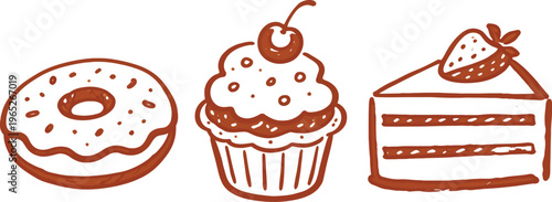 Hand-drawn dessert doodle set, donut cupcake and cake slice, brown monoline ink, minimalist outline, clean white background, vector style, simple bakery icons, consistent stroke, cute food ilustration