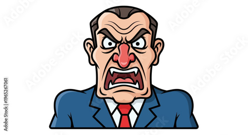 Angry Businessman Cartoon Face, Furious Expression, Aggressive Boss