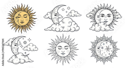 Celestial Couple Sun and Moon Faces Icons, Vintage Style