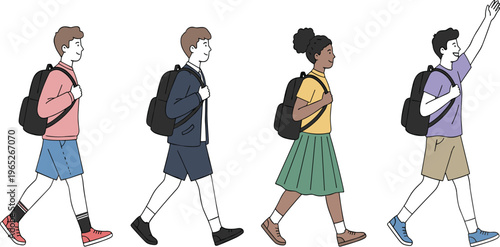 Diverse group of students walking with backpacks in school uniforms and casual wear for education and back to school flat vector