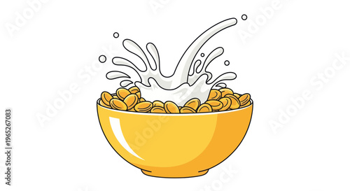 Cereal Splash: Milk Pouring into Yellow Bowl of Flakes