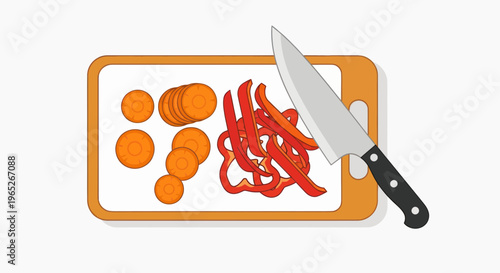 Chopping board with sliced carrots and bell peppers, kitchen knife, healthy food prep