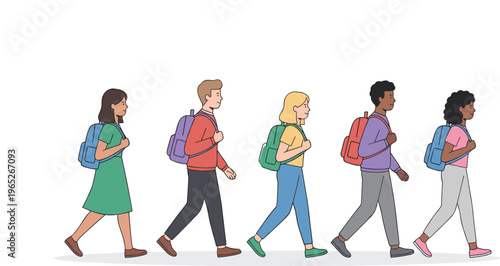 Diverse group of university and high school students walking with backpacks in casual clothes flat vector character set