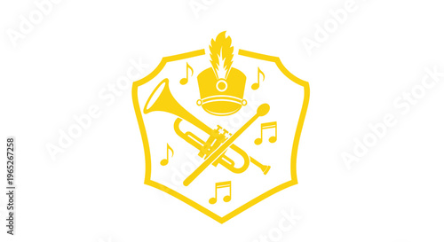 Obraz na plátně Marching Band Emblem: Trumpet, Drumsticks, Music Notes, and Plume Hat