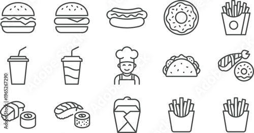 Set of minimalist restaurant & takeout Menu Graphics. Clean Outline Set of Classic Comfort Foods. Comprehensive Fast Food Delivery & App Symbols