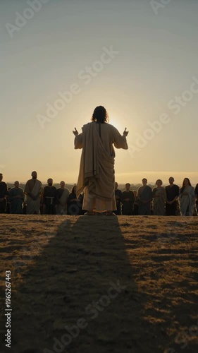 Jesus delivering sermon to crowd at sunset outdoors, vertical footage