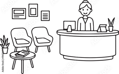 Reception with Receptionist (Service Office) Hand-drawn Sketch Drawing Vector Illustration, Line Linear Symbol Black and White Engraving, Isolated