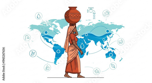 Man in traditional clothing carrying clay pot on head with world map and symbols