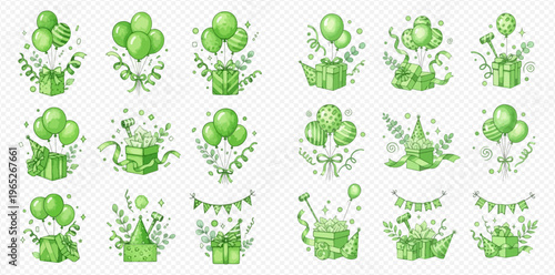 Green birthday party elements set with balloons, gift boxes, confetti, and festive decorations for celebration.