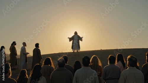 Jesus Christ delivering the Sermon on the Mount to a gathered crowd at sunset