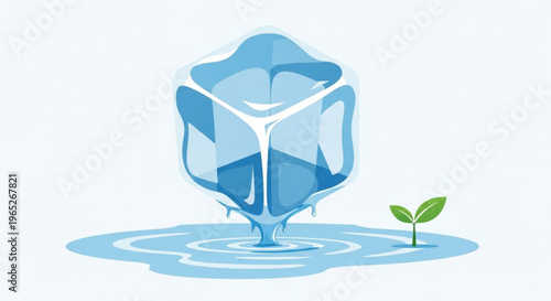 Melting ice cube with ripples and a small green plant growing nearby symbolizing climate change and global warming
