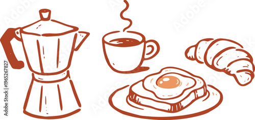 "A minimalist, hand-drawn vector illustration of a breakfast set on a white background. The set includes a moka pot, a steaming cup of coffee, a croissant, and a fried egg on a slice outline. 