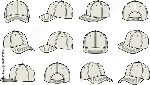 Baseball cap line art illustrations showing multiple angles with stitching details, curved brim, adjustable strap, front, side, back perspectives