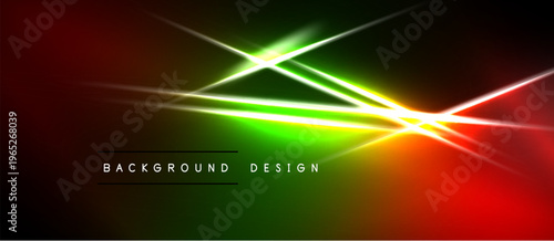 Vibrant abstract background. Diagonal lines intersect, creating bright light effects. Red, green, yellow gradients dominate design.