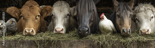 Farm Animals Eating Green Haylage from Trough Cows Horses Sheep Goats and Chickens Close Up Scene