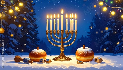 A serene winter scene with a lit menorah and traditional sweets