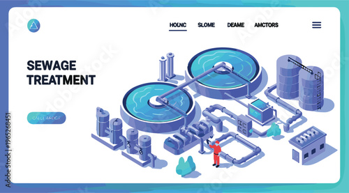 Sewage Treatment Plant Isometric Vector Illustration with Wastewater Purification Tanks, Industrial Filtration System, Pipes, and Water Recycling Infrastructure for Environmental Engineering
