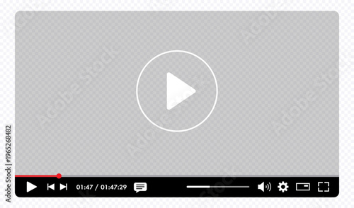 Multimedia video player template on transparent background for online cinema, video live streaming, social media interface vector