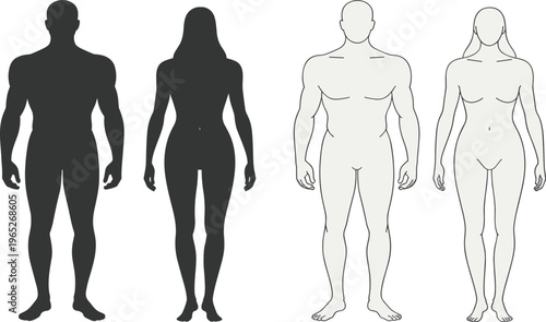 Human body silhouettes and outline drawings comparing male and female forms with muscular and slim builds, posture, anatomy, and design reference