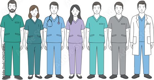 Diverse medical team of doctors and nurses in colorful scrubs and white lab coats flat vector character collection