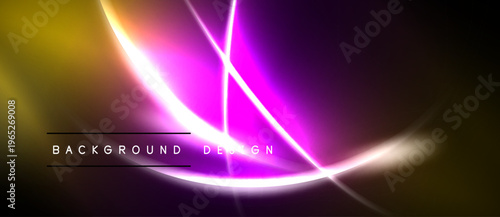 Abstract vibrant design features glowing lines, gradients. Dark background emphasizes bright purple, yellow hues. Modern aesthetic.
