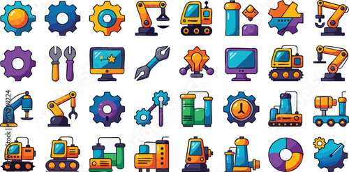 A professional collection of modern engineering and industrial flat icons designed with vibrant colors and clean shapes.