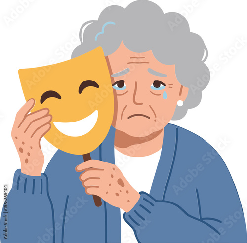 Elderly woman crying while holding a comedy mask in her hand indoors.