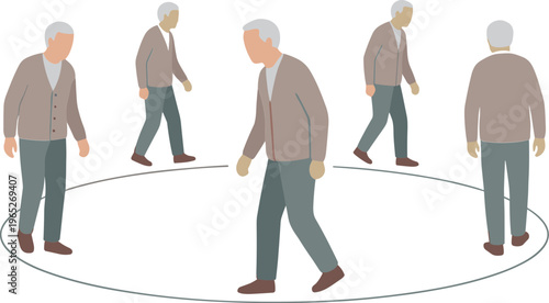 An elderly man walks in a circle with multiple viewpoints shown.