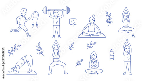 Fitness and Yoga Line Art Illustration Set, Workout, Meditation, Healthy Lifestyle and Wellness Doodle Collection