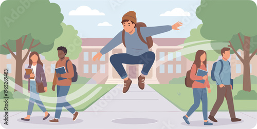 Students walk on campus pathway with one jumping in excitement outdoors