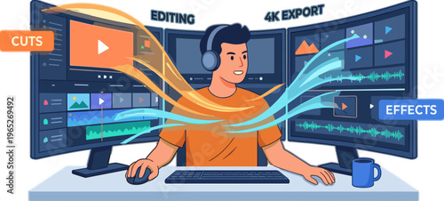 A person edits videos on multiple computer screens with effects