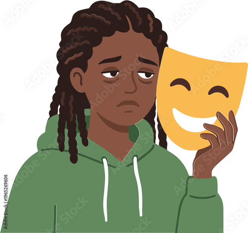 A young woman holds a smiling theatrical mask to her face while looking sad.