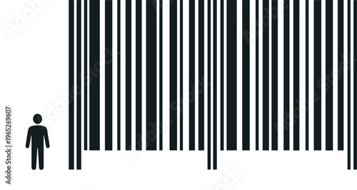 A person stands facing a large barcode scanner in an industrial setting.