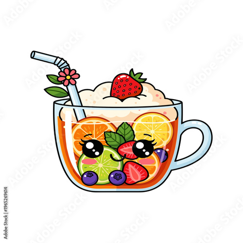 Cartoon fruit smoothie with straw.