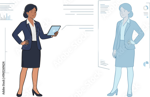 Two businesswomen interact with digital tablet and interface screens