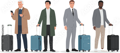 Diverse men with suitcases for business travel and commuting featuring suits and trench coats flat vector character set