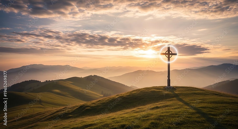Obraz premium A serene mountain landscape with a cross on a hill at sunset with clouds and sun rays