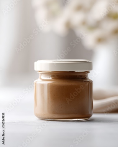 Almond butter jar mockup, white lid, blank label, soft focus kitchen background