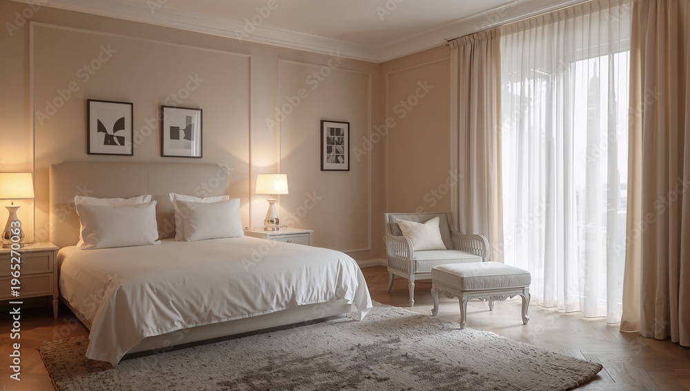 Fototapeta premium Elegant Bedroom with White Bedside Tables and Armchair in Bright Natural Light