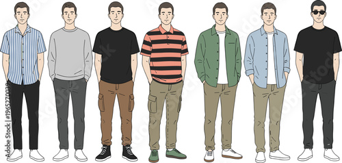 Diverse men's casual fashion set featuring everyday outfits, cargo pants, striped shirts, and layered streetwear flat vector character collection