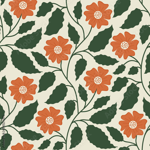Obraz na plátně Retro Botanical Vine Pattern, Terracotta and Forest Green Floral Seamless Design