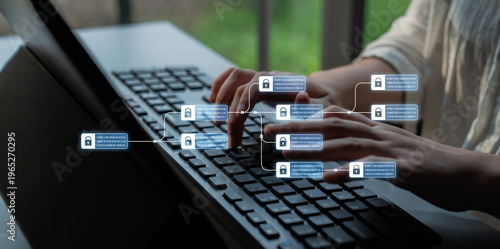 Fotografie Blockchain structure showing distributed data blocks linked with encryption, rep