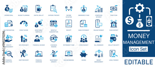Money Management and Personal Finance solid icon set. Featuring digital wallet, wealth management, and investment portfolio. Vector icons for budget planning and financial strategy projects.