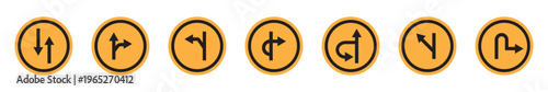 U turn left and right black arrow sign direction icon set. Go straight, this way, one way only U turn, left and right arrow. Along with prohibition icons for straight ahead, right and left turns.