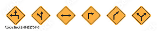 U turn left and right black arrow sign direction icon set. Go straight, this way, one way only U turn, left and right arrow. Along with prohibition icons for straight ahead, right and left turns.
