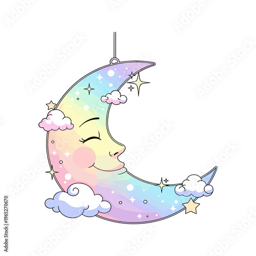 Smiling crescent moon with stars and clouds.